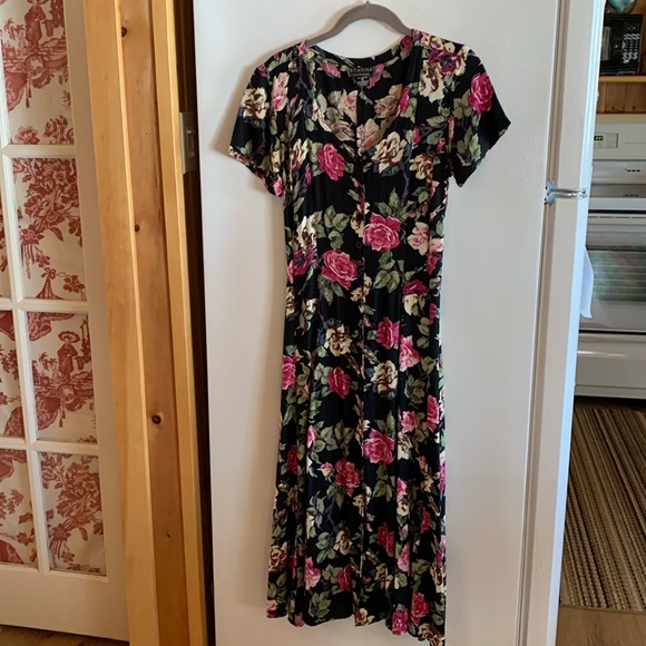 Summer Dress Vintage 90s Multicolour Button Down Black Floral Midi Size S - Picture 2 of 16